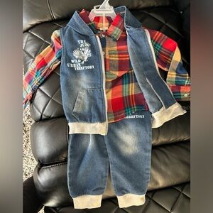 Plaid Multicolor Kids Jacket and Denim Set